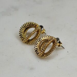 Vintage Avon Gold Tone Textured Circle Stud Pierced Earrings Ribbed Open Round